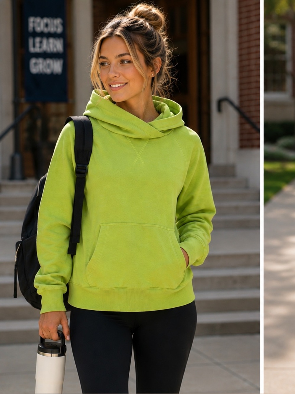 Athleta Lime Green Funnel Neck Hoodie Sweatshirt 100% Cotton Size Small